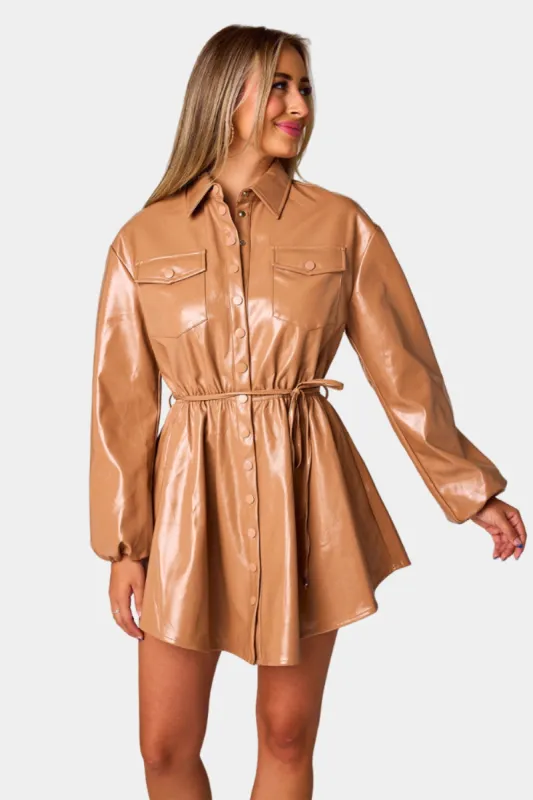 Ariella Button Up Mini Dress - Mocha sold by Buddy Love