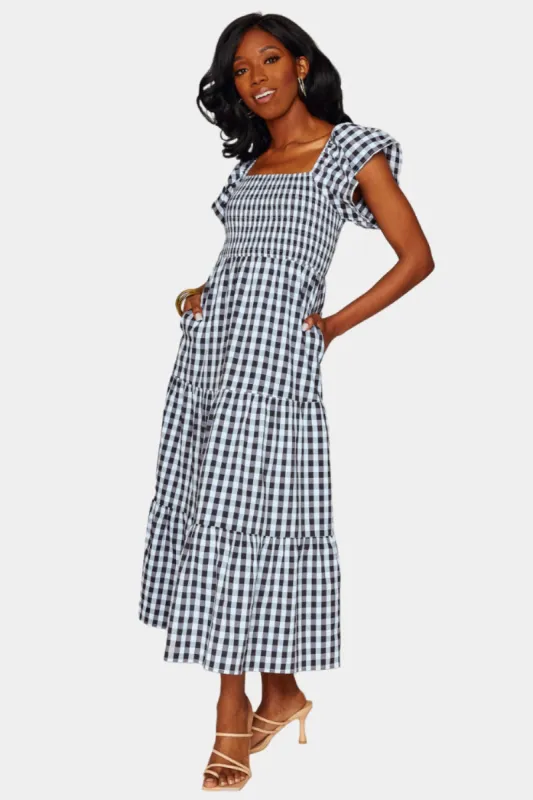 Brynn Ruffle Shoulder Midi Dress - Black Checker sold by Buddy Love
