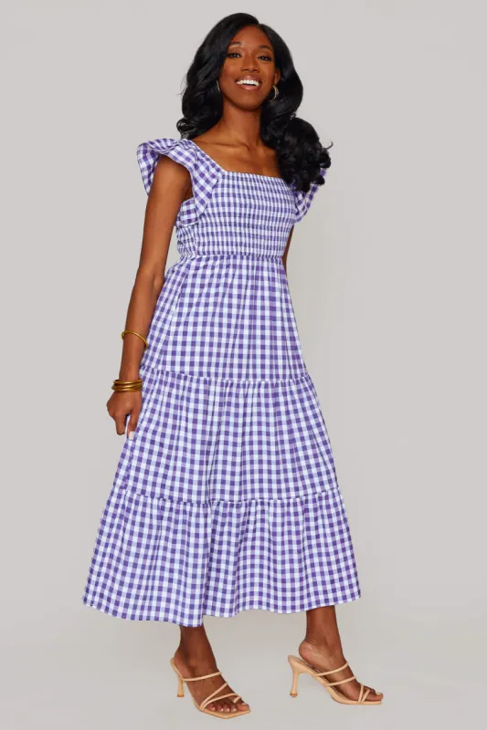 Brynn Ruffle Shoulder Midi Dress - Purple Checker sold by Buddy Love