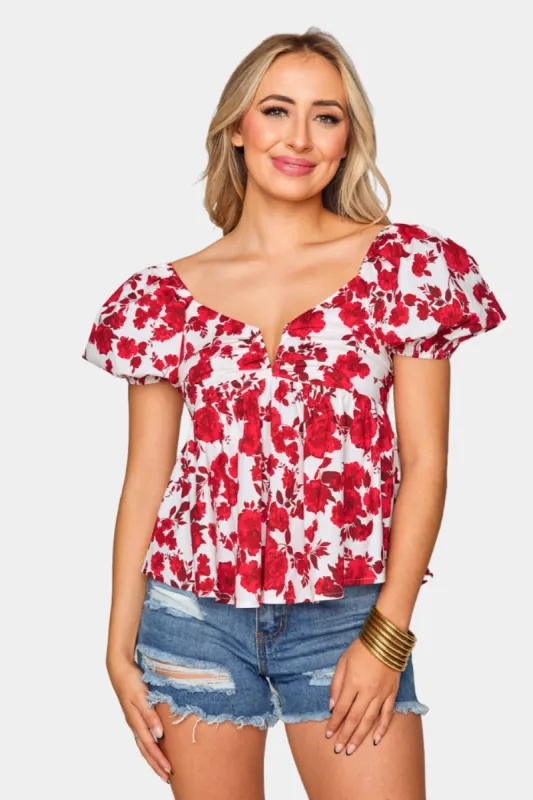 Houston Puff Sleeve Top - Scarlet Flower sold by Buddy Love