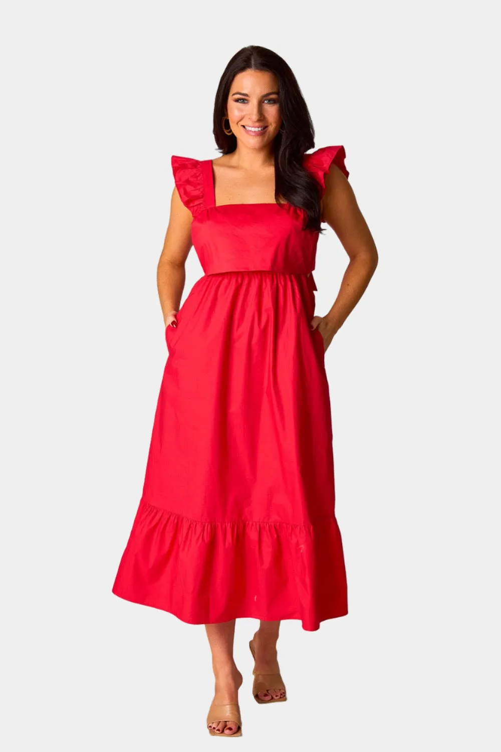 Beverly Ruffle Sleeve Midi Dress - Red sold by Buddy Love