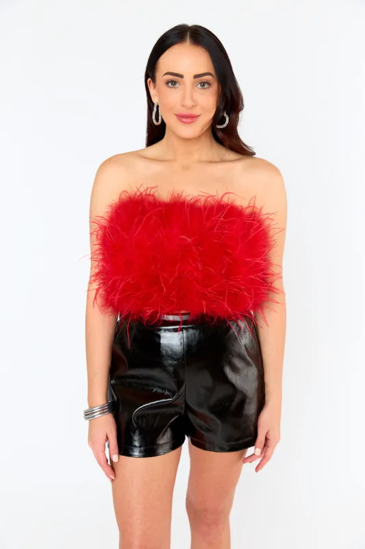 Fancy Strapless Feather Crop Top - Crimson sold by Buddy Love