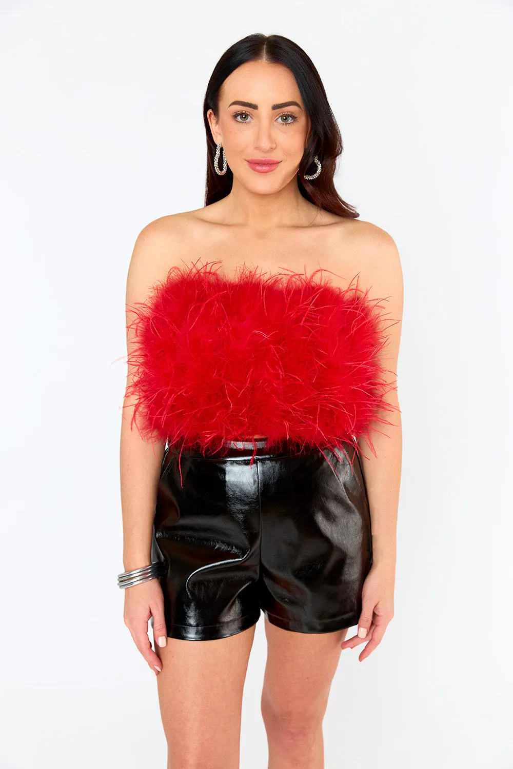 Fancy Strapless Feather Crop Top - Crimson sold by Buddy Love