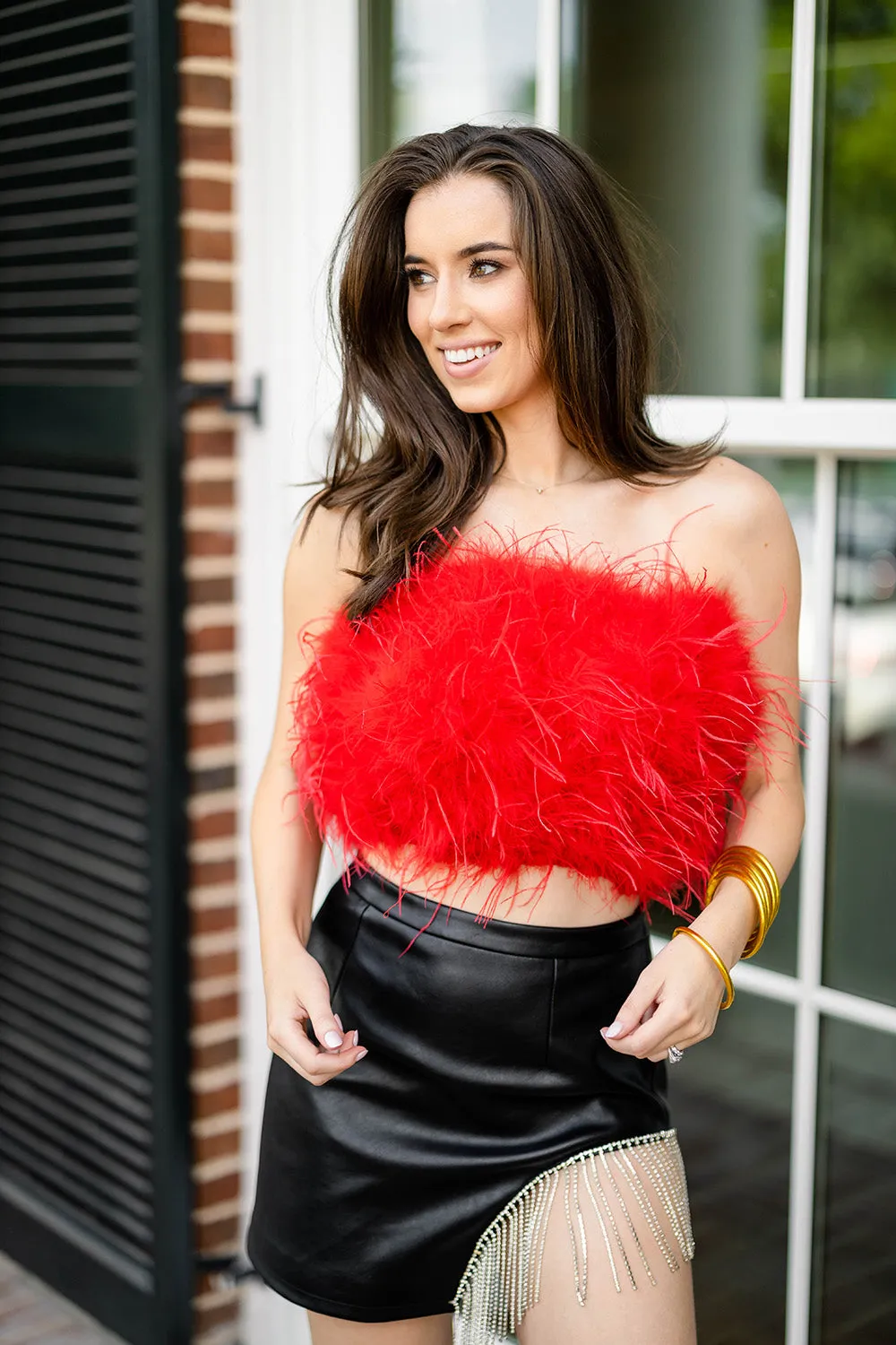 Fancy Strapless Feather Crop Top - Crimson sold by Buddy Love product image thumbnail 2
