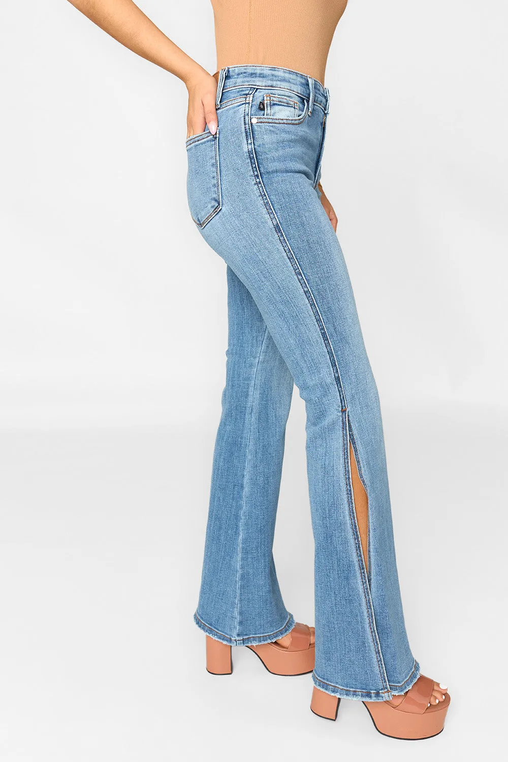 Judy Blue Full Size Mid Rise Raw Hem Slit Flare Jeans sold by Buddy Love product image thumbnail 4