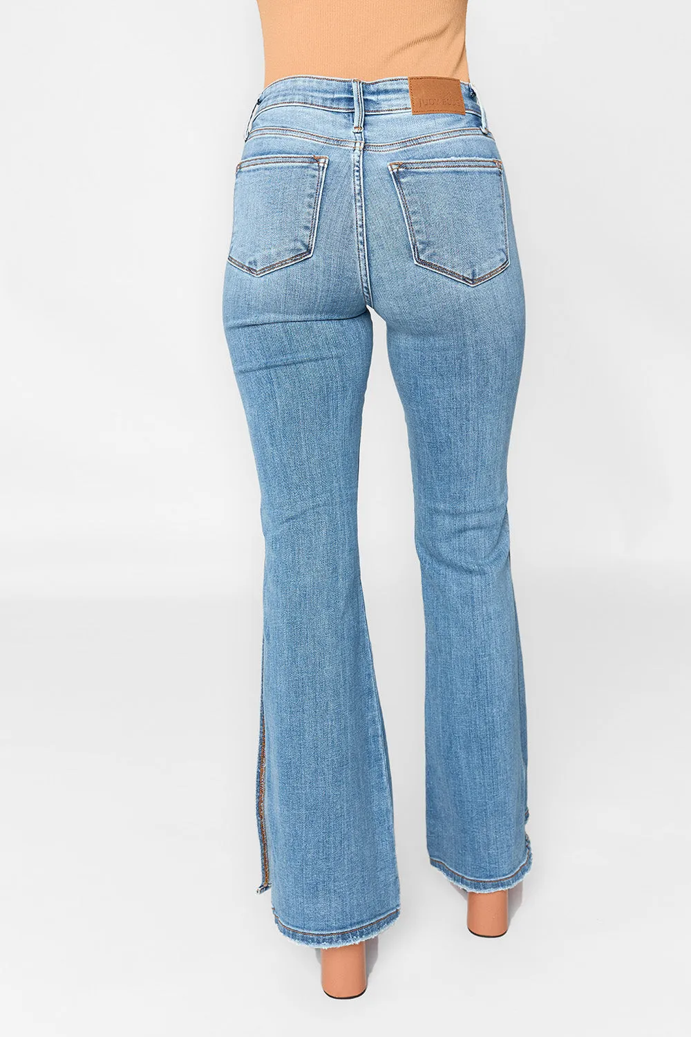 Judy Blue Full Size Mid Rise Raw Hem Slit Flare Jeans sold by Buddy Love product image thumbnail 5