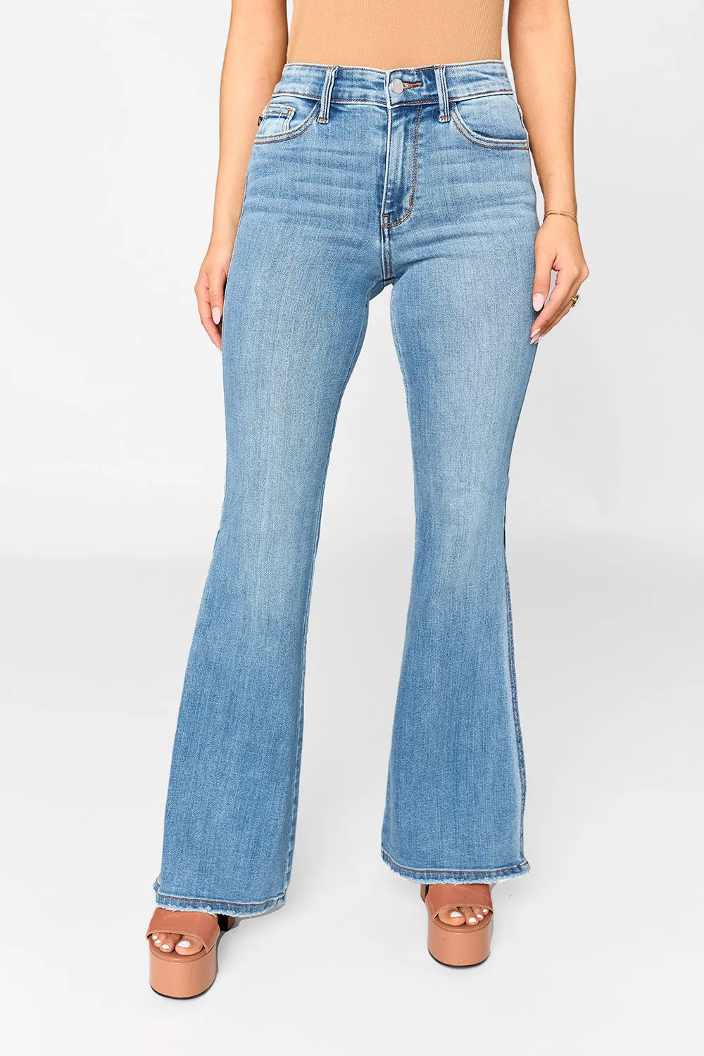 Judy Blue Full Size Mid Rise Raw Hem Slit Flare Jeans sold by Buddy Love product image thumbnail 2