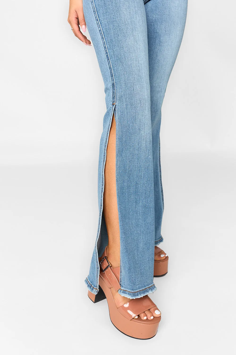 Judy Blue Full Size Mid Rise Raw Hem Slit Flare Jeans sold by Buddy Love product image thumbnail 3