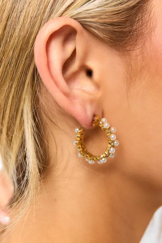 Pearl Rhinestone C-Hoop Earrings sold by Buddy Love
