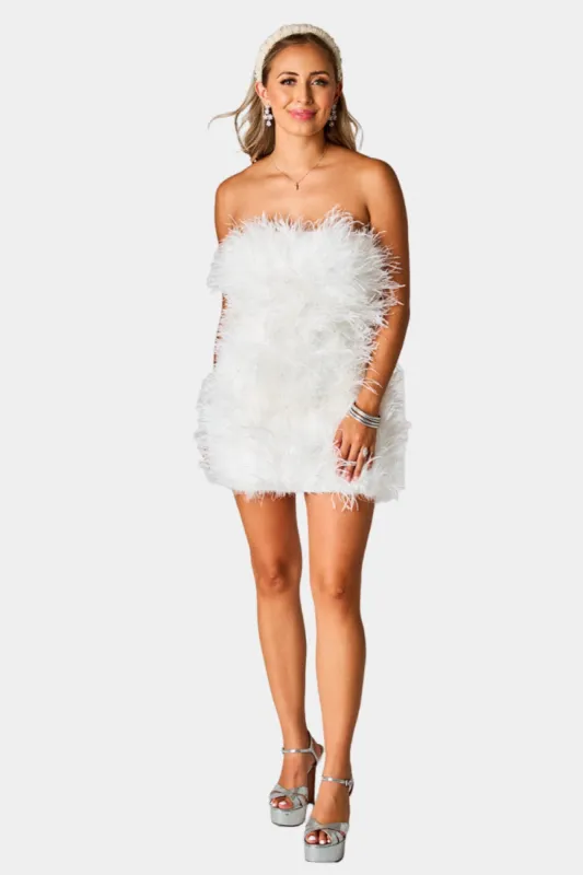 Celeste Feather Mini Dress - White sold by Buddy Love