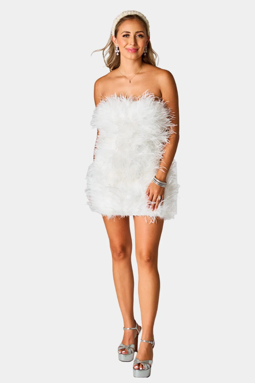 Celeste Feather Mini Dress - White sold by Buddy Love