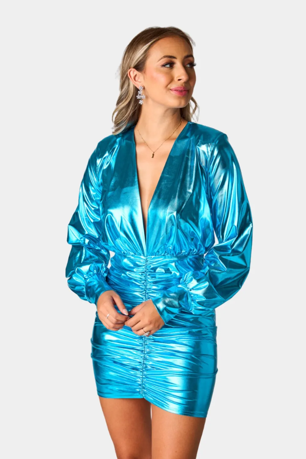 Cyrus Metallic Short Dress - Cyan sold by Buddy Love