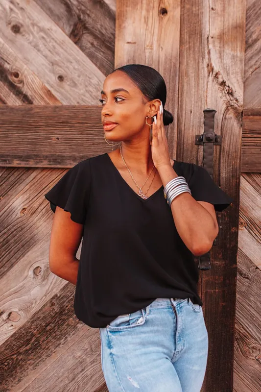 BuddyLove Avril Flutter Sleeve V-Neck Top - Black sold by Buddy Love