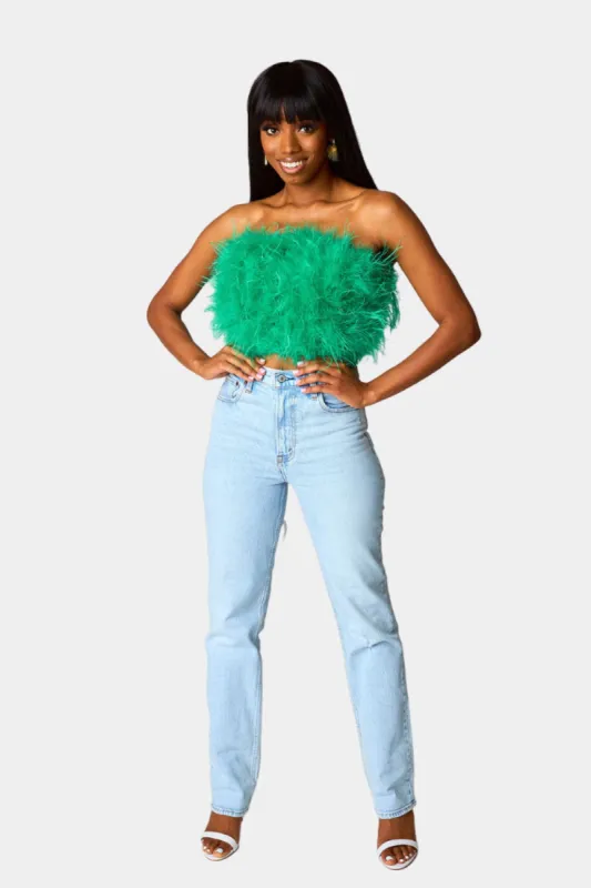 Fancy Strapless Feather Crop Top - Green sold by Buddy Love