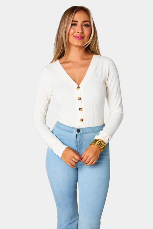 Holly Long Sleeve Button Up Bodysuit - White sold by Buddy Love