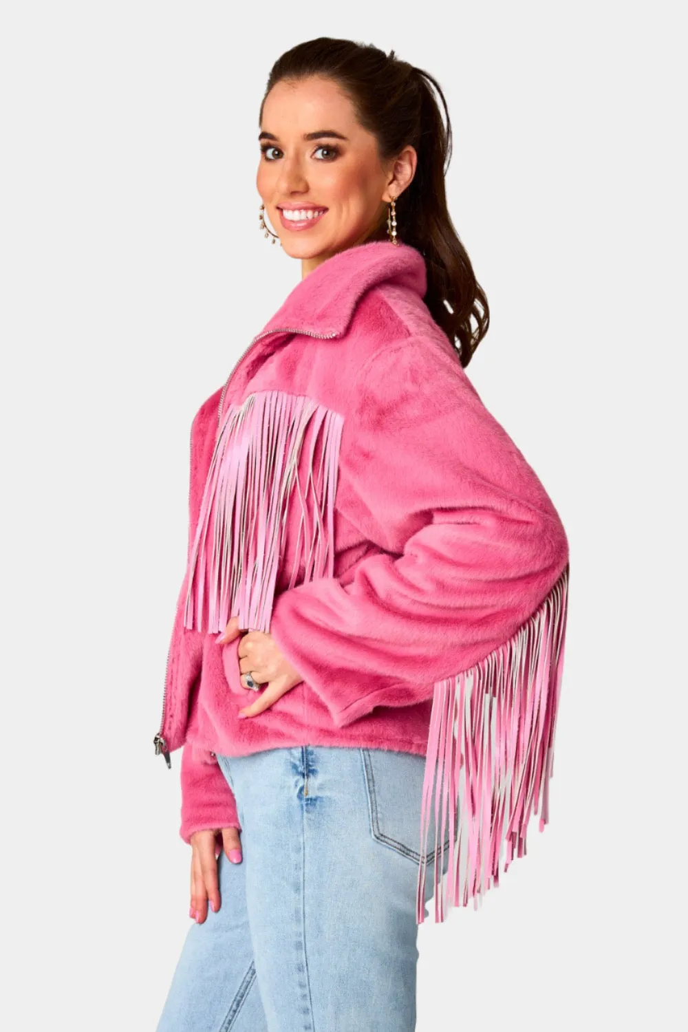 Skylar Fringe Faux Fur Jacket - Hot Pink sold by Buddy Love