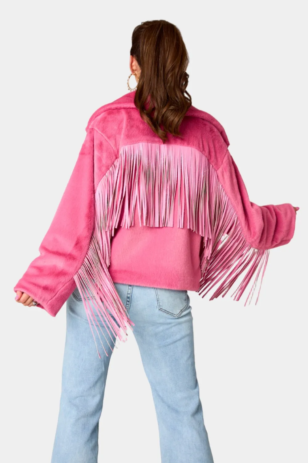 Skylar Fringe Faux Fur Jacket - Hot Pink sold by Buddy Love product image thumbnail 4