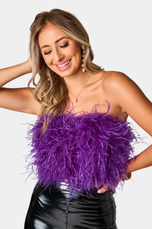 Fancy Strapless Feather Crop Top - Purple sold by Buddy Love