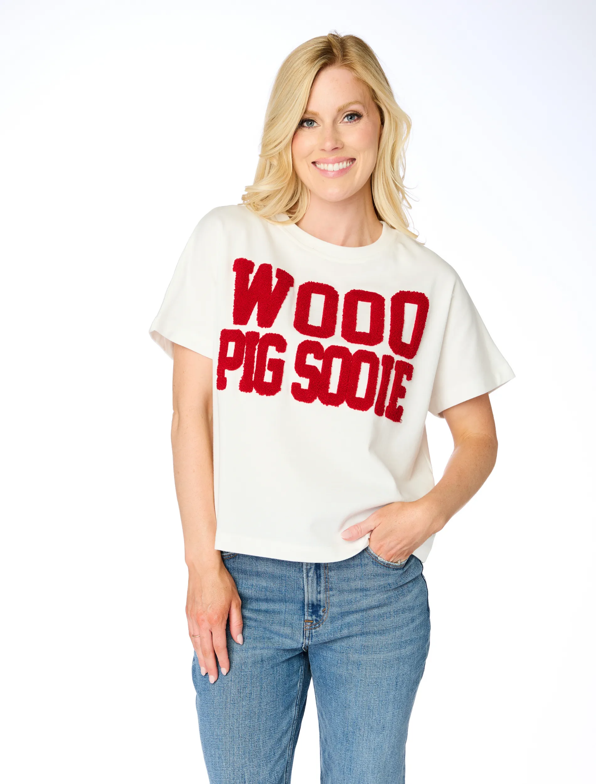 The Wooo Pig Sooie Chenille Team Top sold by Buddy Love