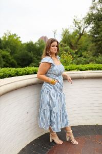 BuddyLove Brynn Ruffle Shoulder Midi Dress - Blue Checker sold by Buddy Love