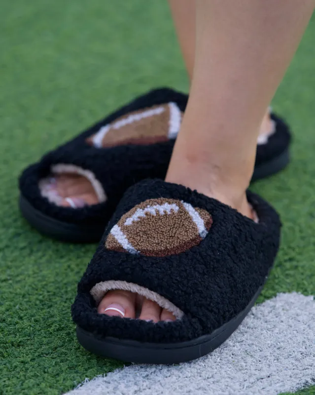 Black Cozy Plush Open Toe Football Slippers sold by Buddy Love