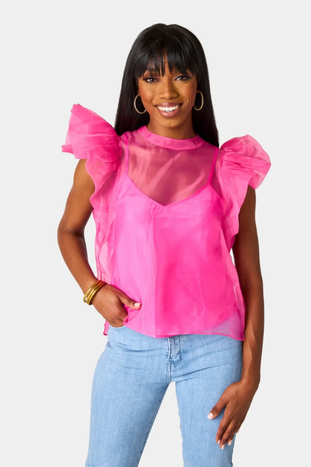 Kaycee Organza Ruffle Sleeve Top - Hot Pink sold by Buddy Love product image thumbnail 3