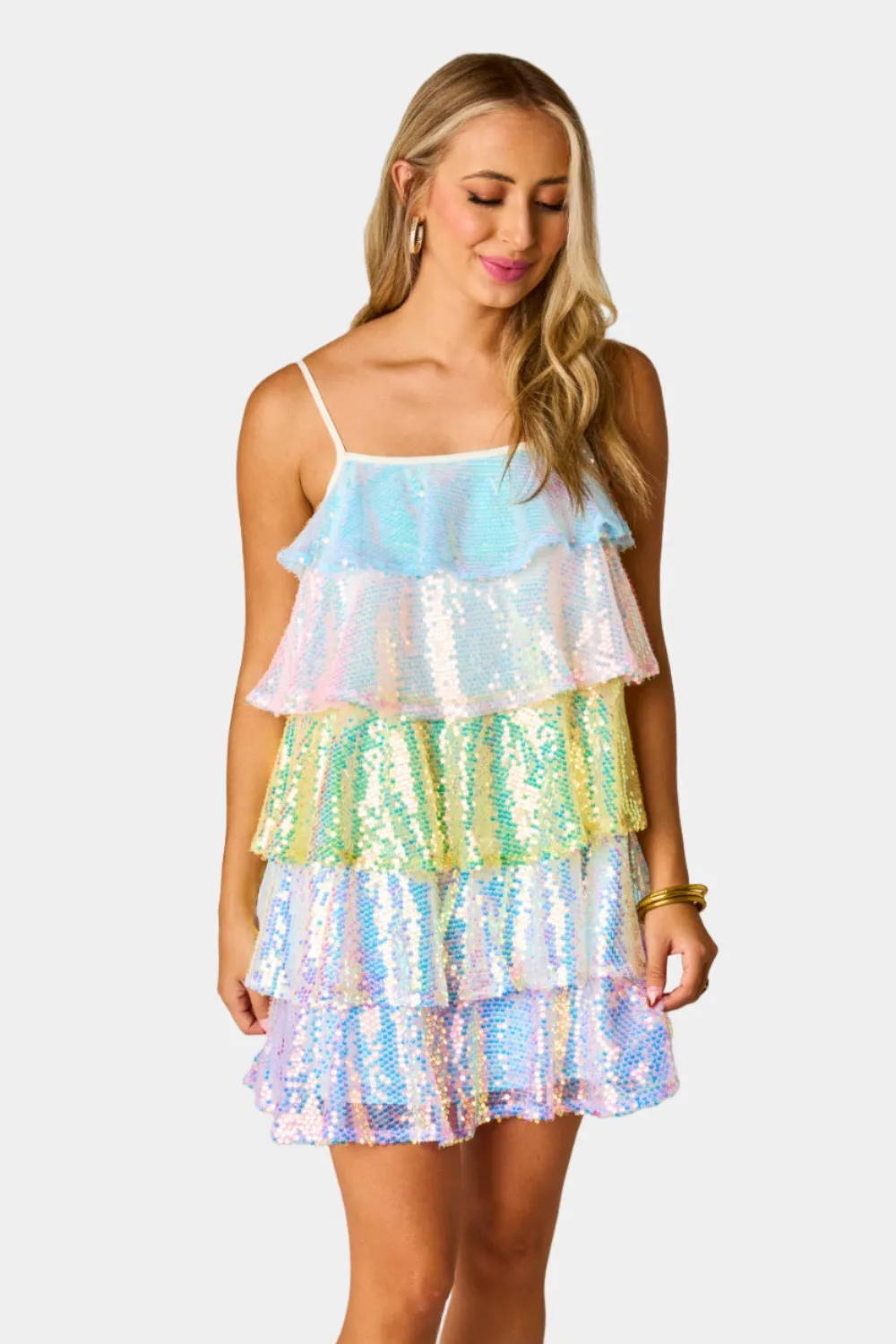 Disco Tiered Sequin Short Dress - Rainbow sold by Buddy Love