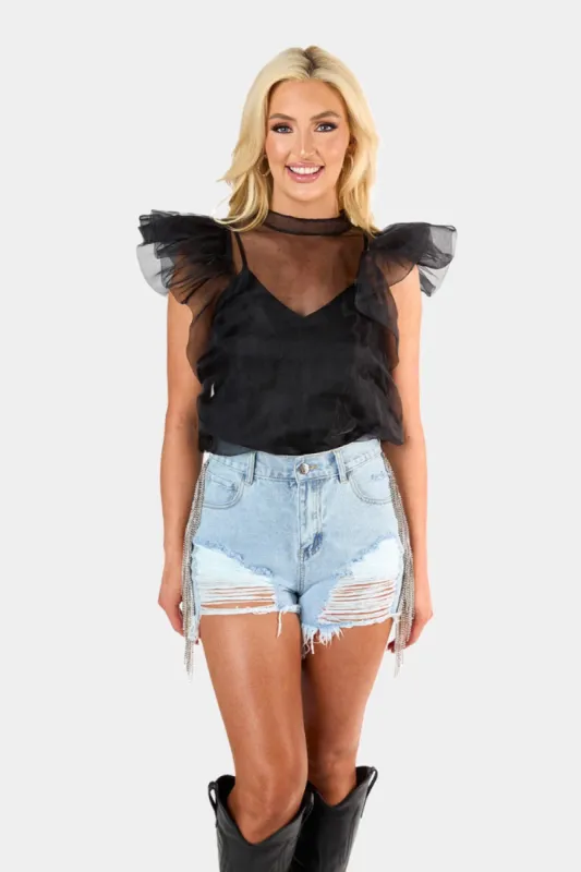 Kaycee Organza Ruffle Sleeve Top - Black sold by Buddy Love