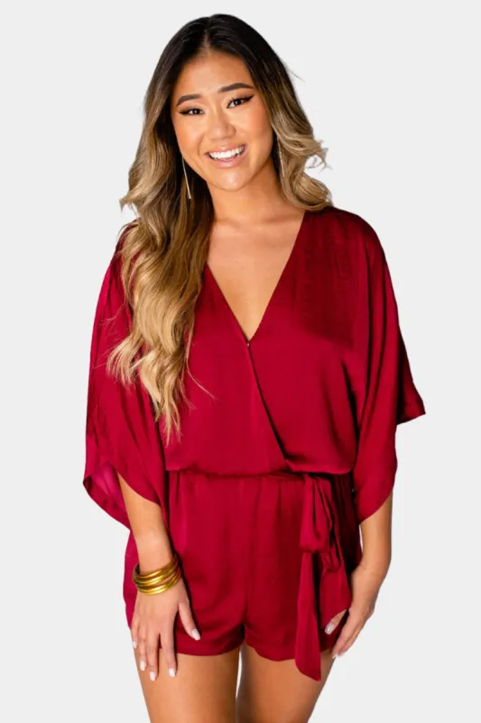 Maya Surplice Neckline Romper - Crimson sold by Buddy Love