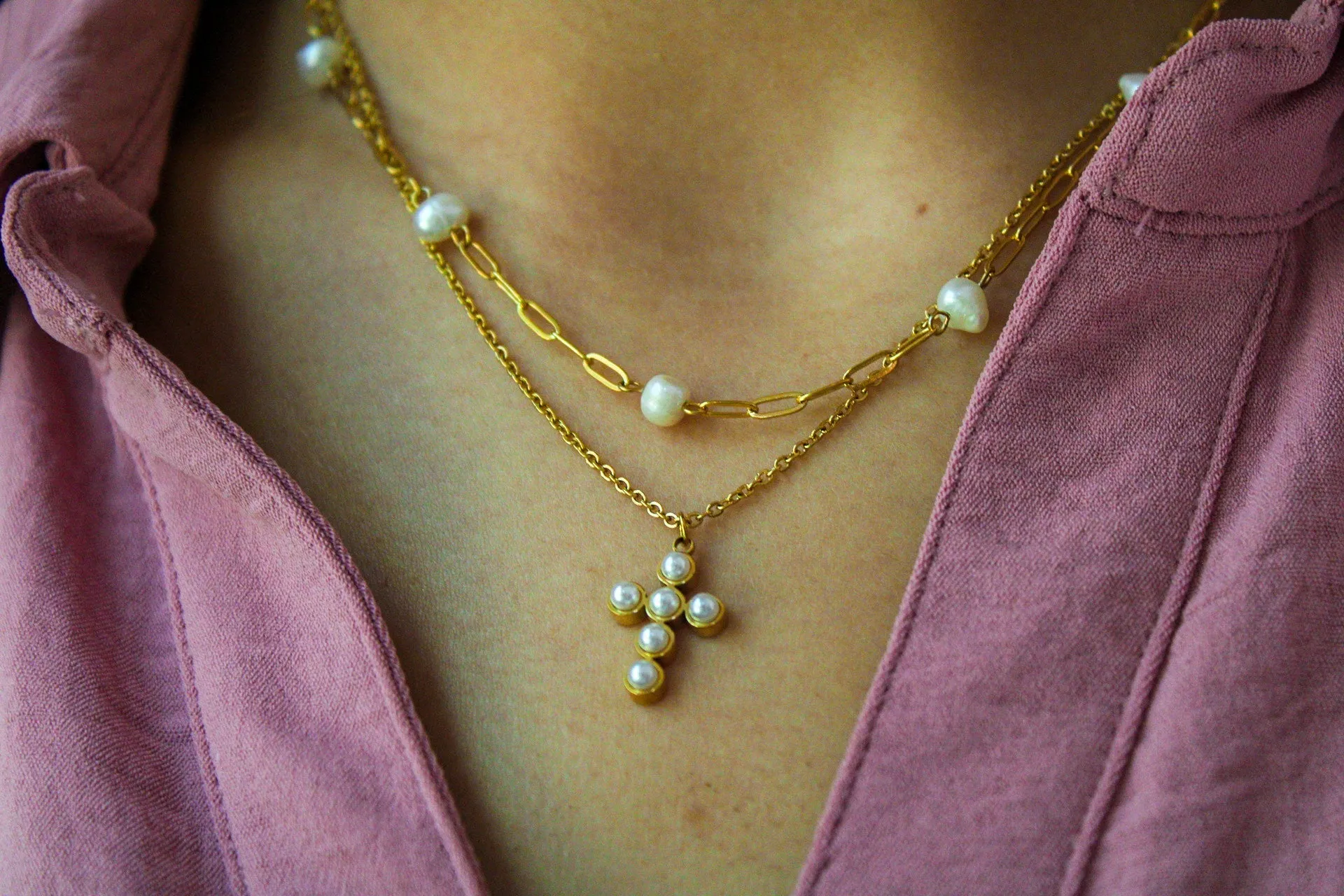 Pearl Cross Necklace sold by Buddy Love product image thumbnail 4