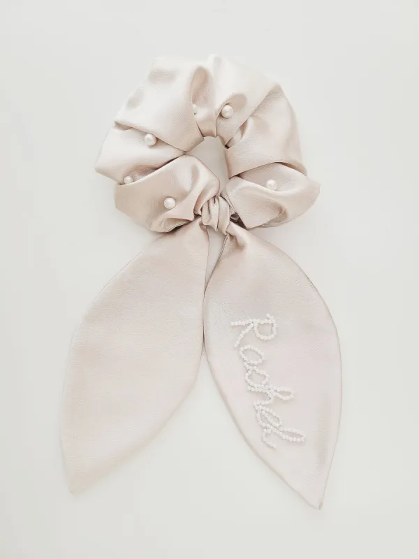 Taupe Personalized Scrunchie With Pearls sold by Buddy Love