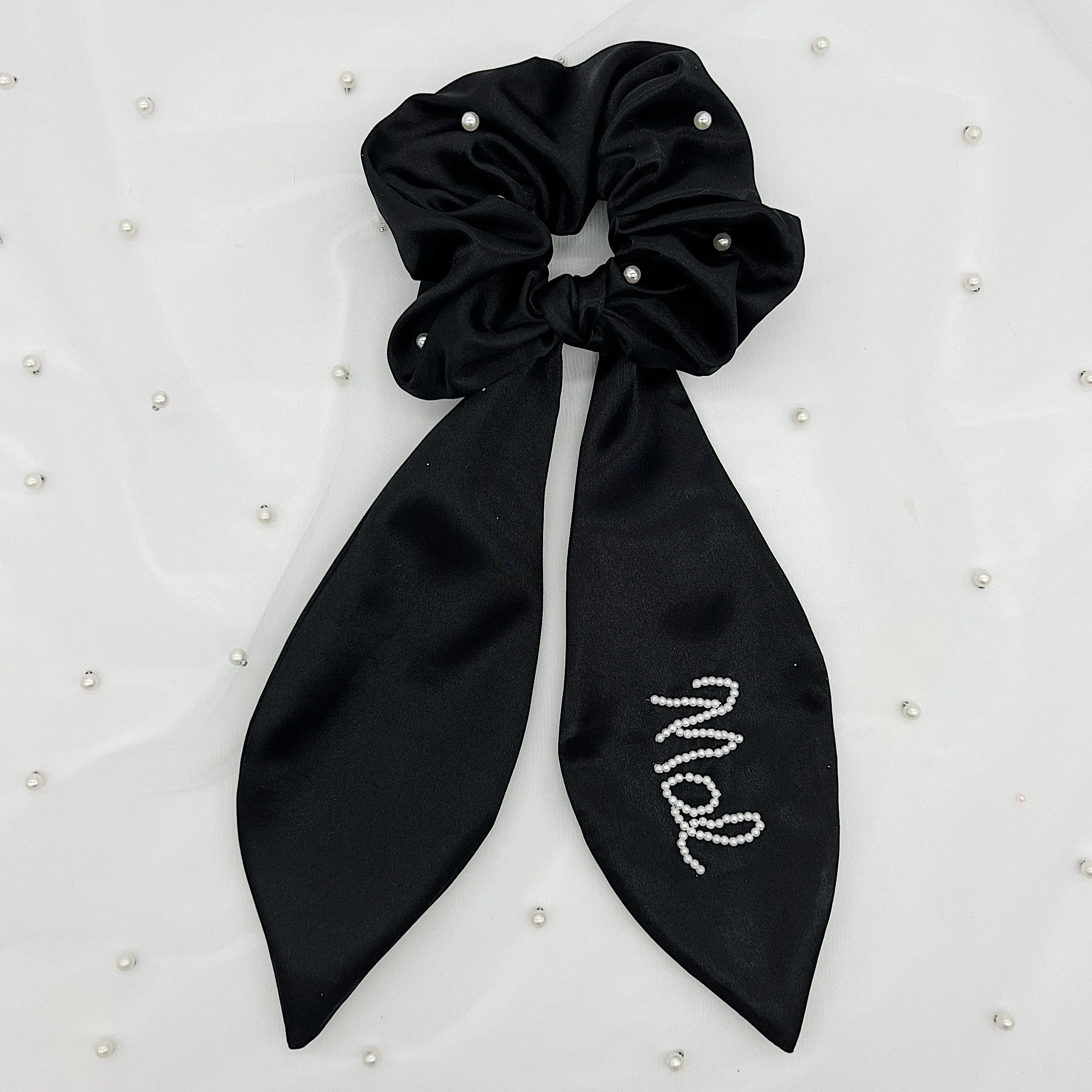 Black Personalized Scrunchie With Pearls sold by Buddy Love