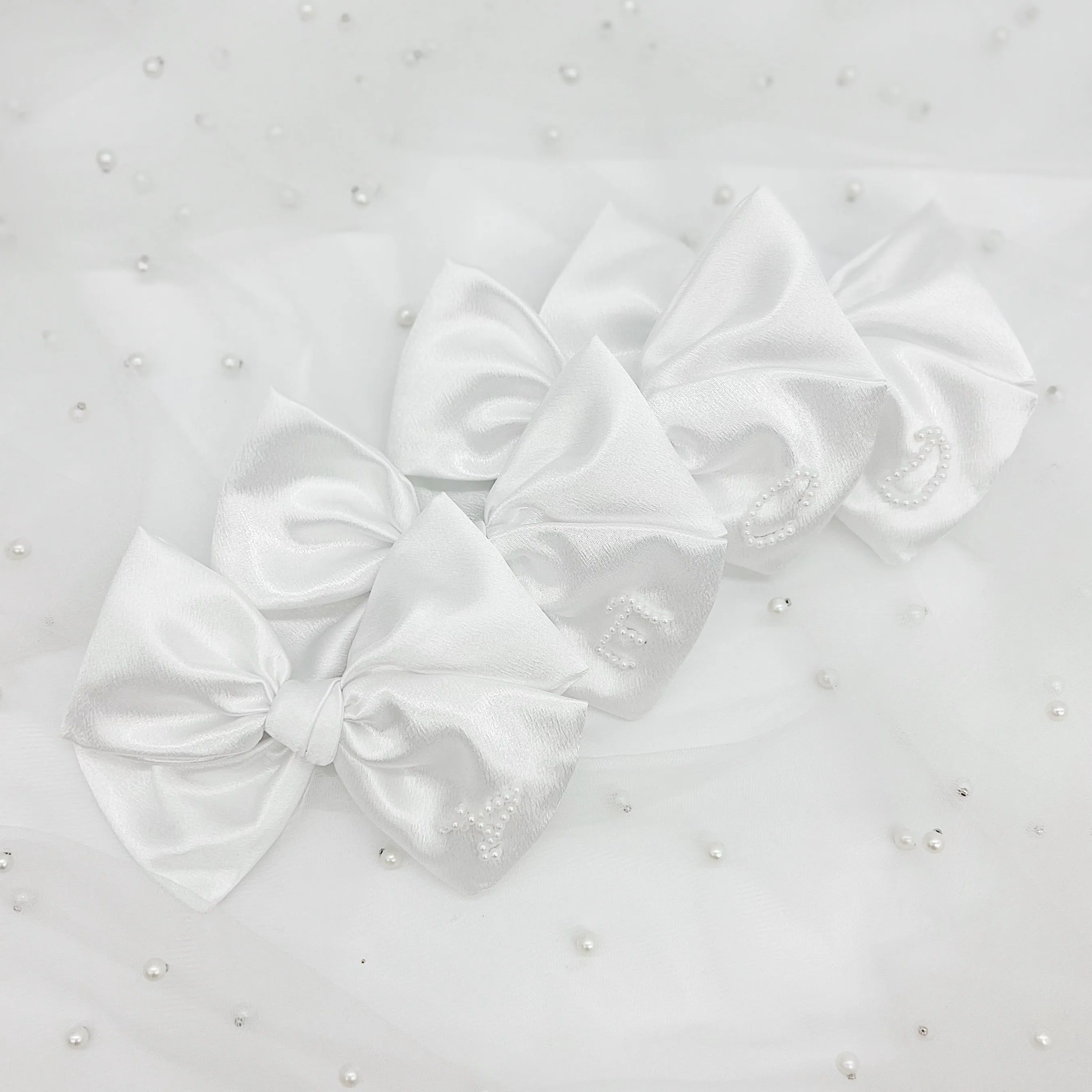 White Satin Pearl Initial Bow sold by Buddy Love product image thumbnail 2