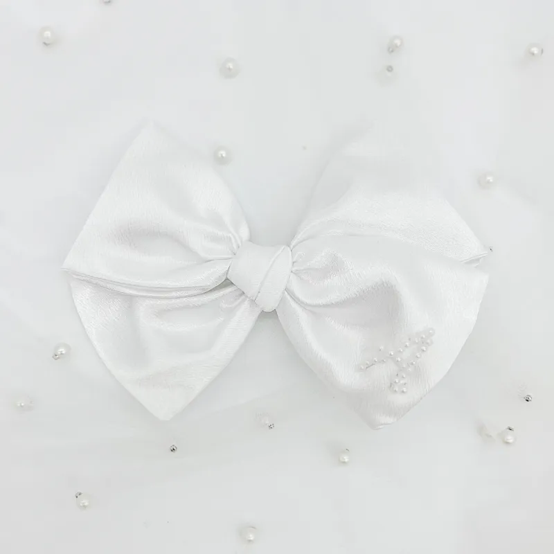 White Satin Pearl Initial Bow sold by Buddy Love