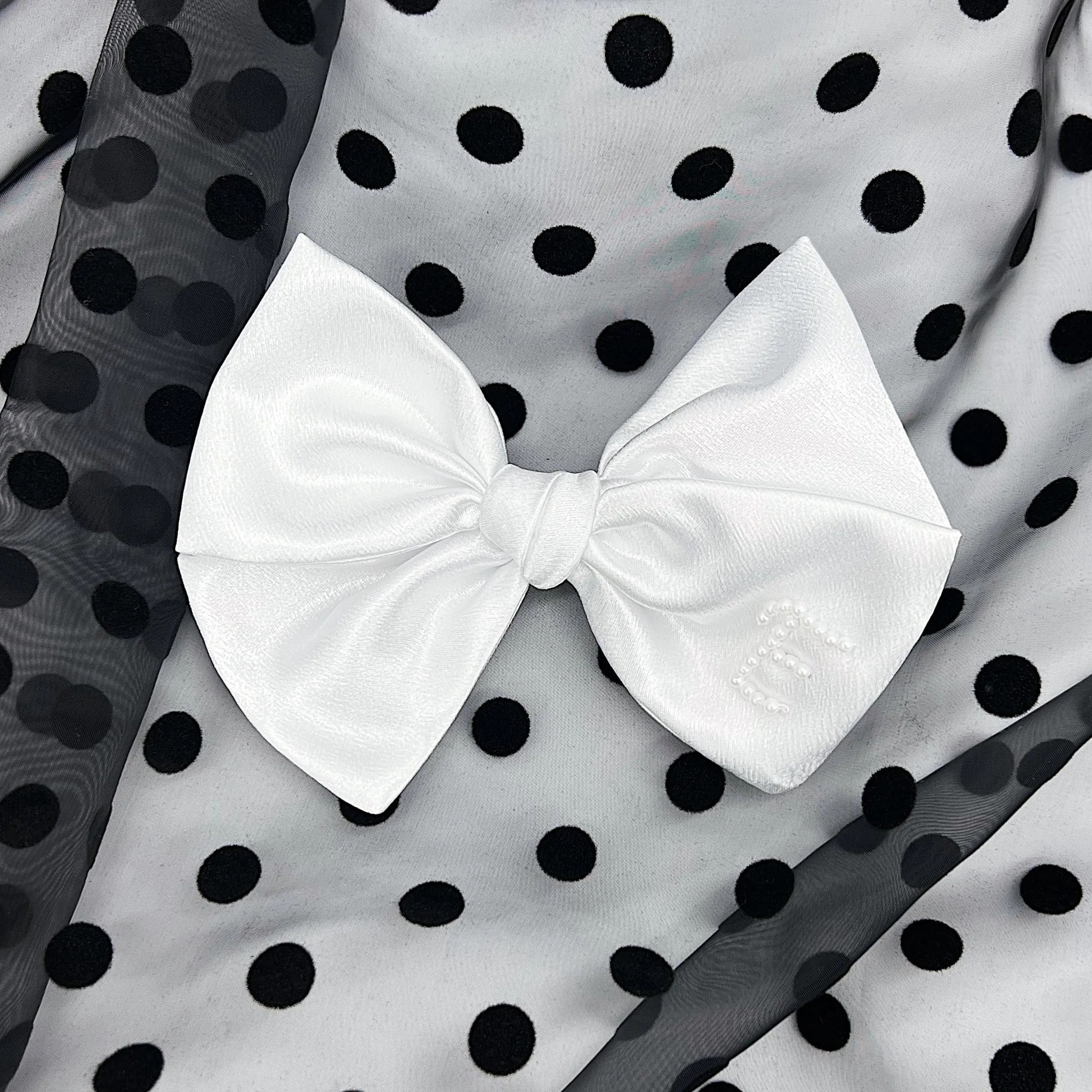 White Satin Pearl Initial Bow sold by Buddy Love product image thumbnail 3