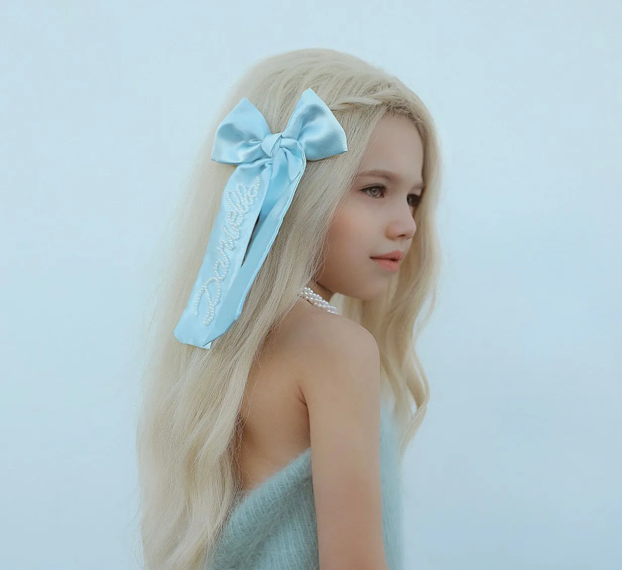 Ocean Blue Long Pearl Bow sold by Buddy Love product image thumbnail 3