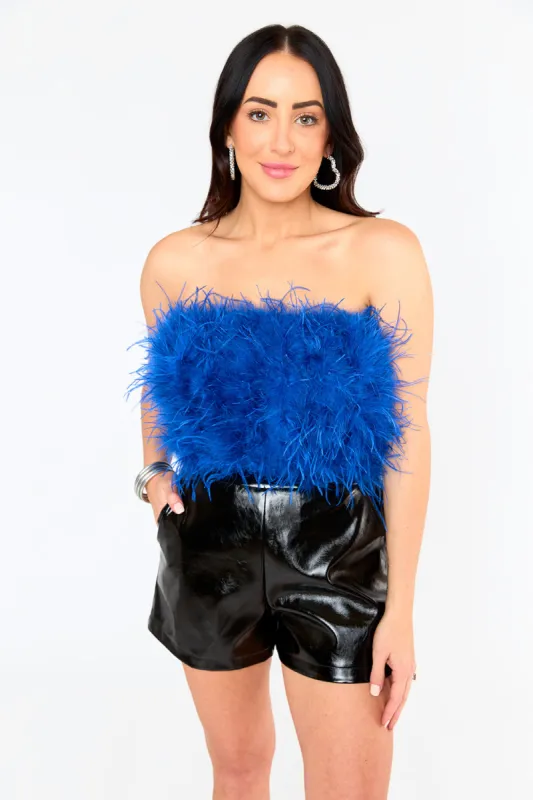 Fancy Strapless Feather Crop Top - Royal Blue sold by Buddy Love