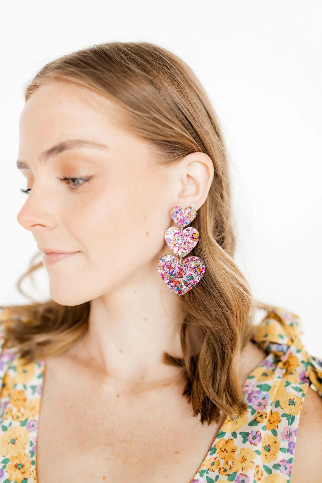 Penny Heart Drop Statement Earring - Pink Birthday Confetti sold by Buddy Love product image thumbnail 3