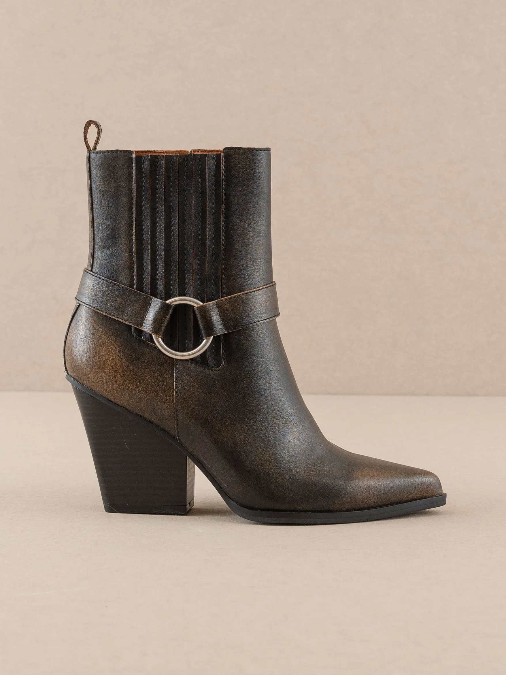 The Carson | Brown Distressed Leather Moto Bootie sold by Buddy Love