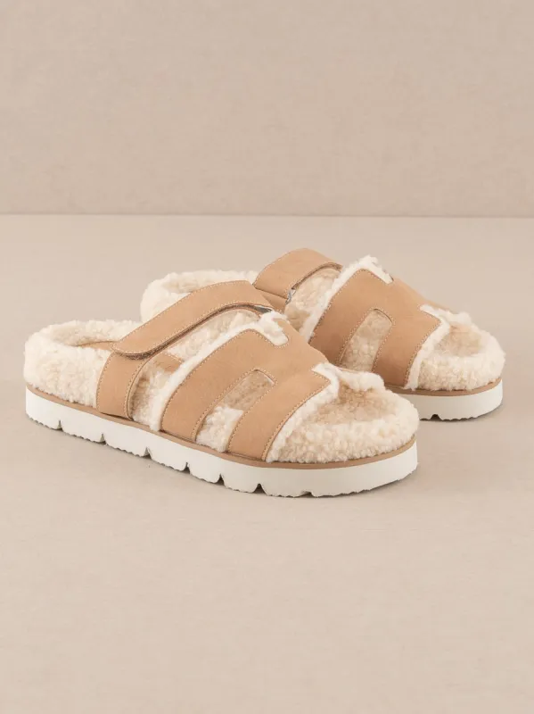 The Alpine | Camel Faux Shearling Sandals sold by Buddy Love