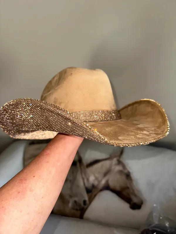 Camel Suede Cowgirl Hat with Lt Topaz Rhinestones made by Buddy Love