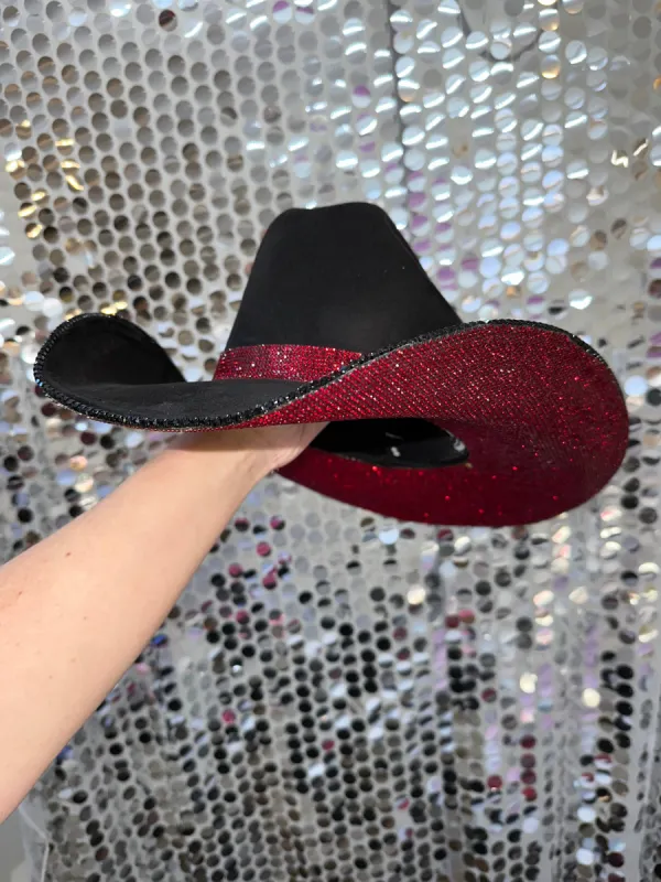 Black Suede Cowgirl Hat with Maroon Rhinestones sold by Buddy Love
