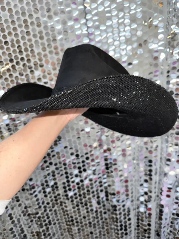 Black Suede Cowgirl Hat with Black Rhinestones sold by Buddy Love