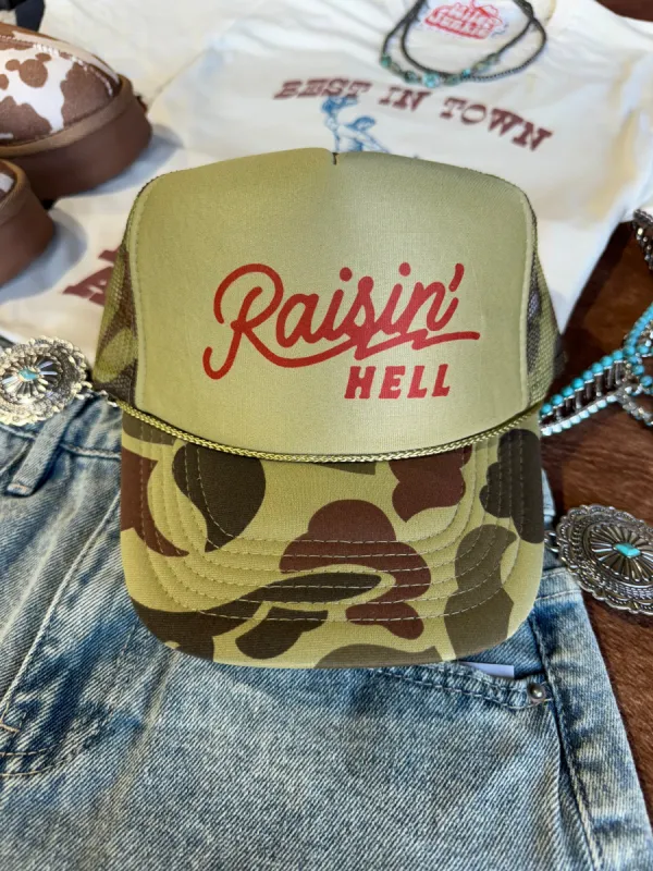Raisin' Hell Green Camo Trucker Hat sold by Buddy Love