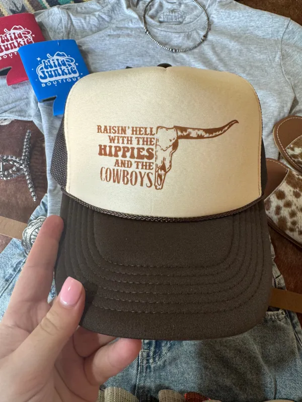 Raisin' Hell With Hippies & Cowboys Trucker Hat sold by Buddy Love