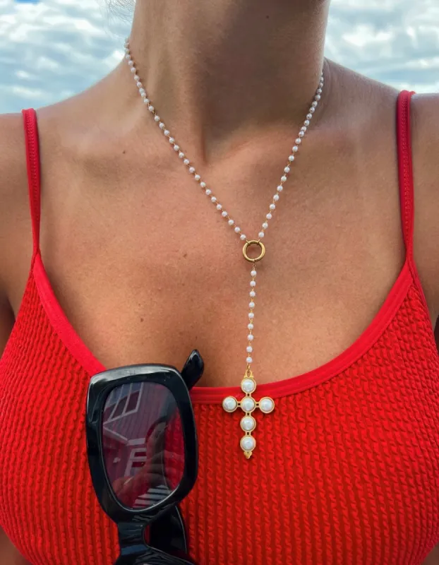 LARIAT PEARL CROSS NECKLACE sold by Buddy Love