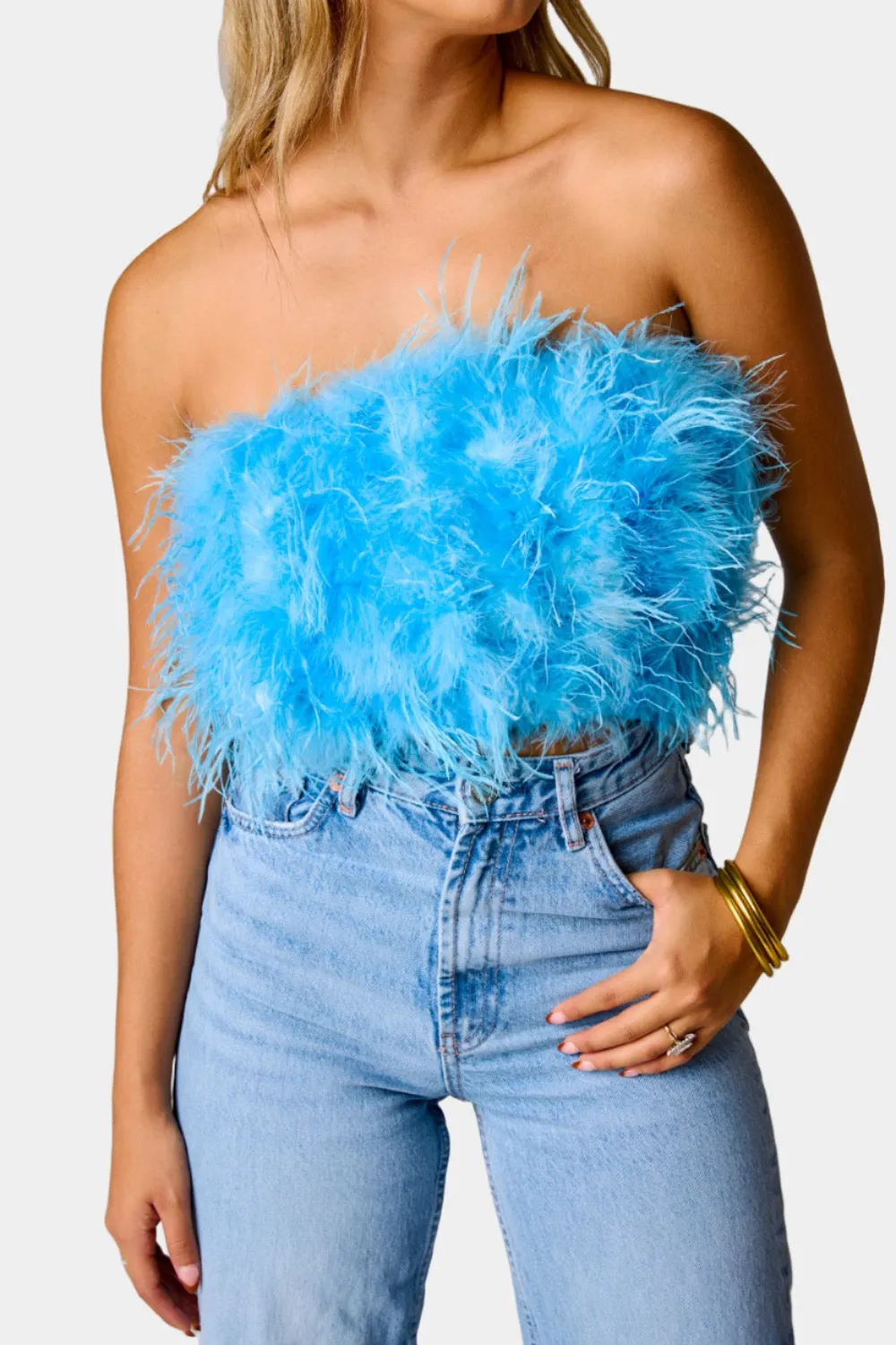 Fancy Strapless Feather Crop Top - Azure Blue sold by Buddy Love