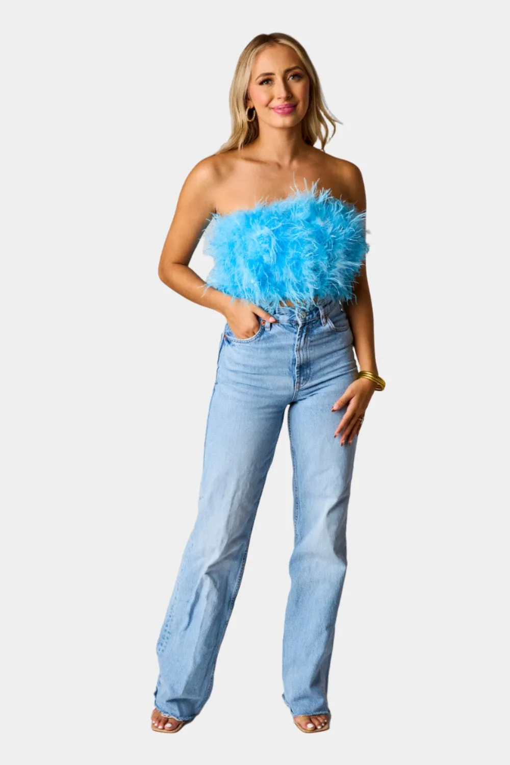Fancy Strapless Feather Crop Top - Azure Blue sold by Buddy Love product image thumbnail 3
