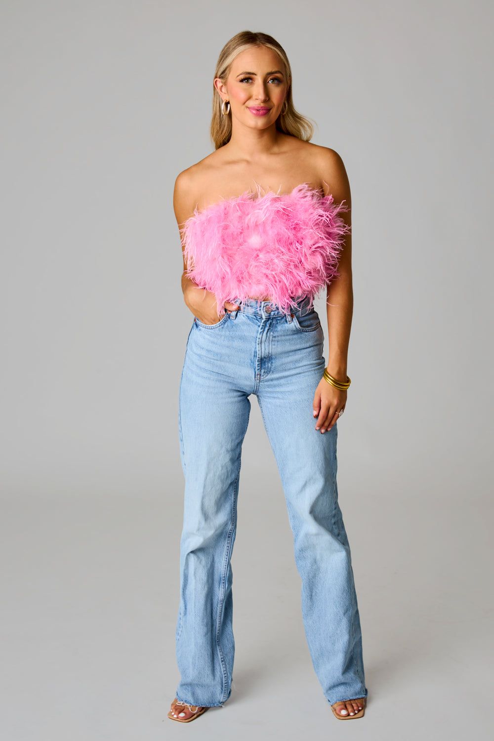 Fancy Strapless Feather Crop Top - Baby Pink sold by Buddy Love
