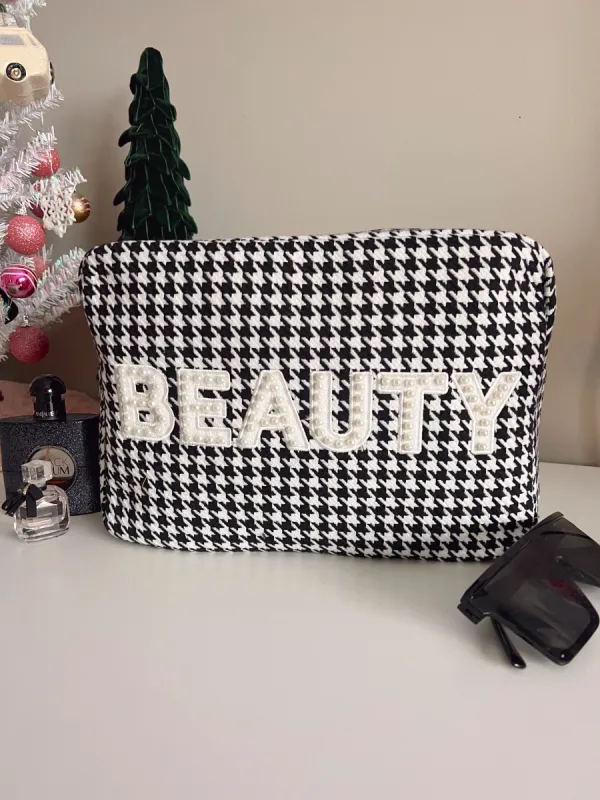 Houndstooth Beauty XL Makeup Bag - Black sold by Buddy Love